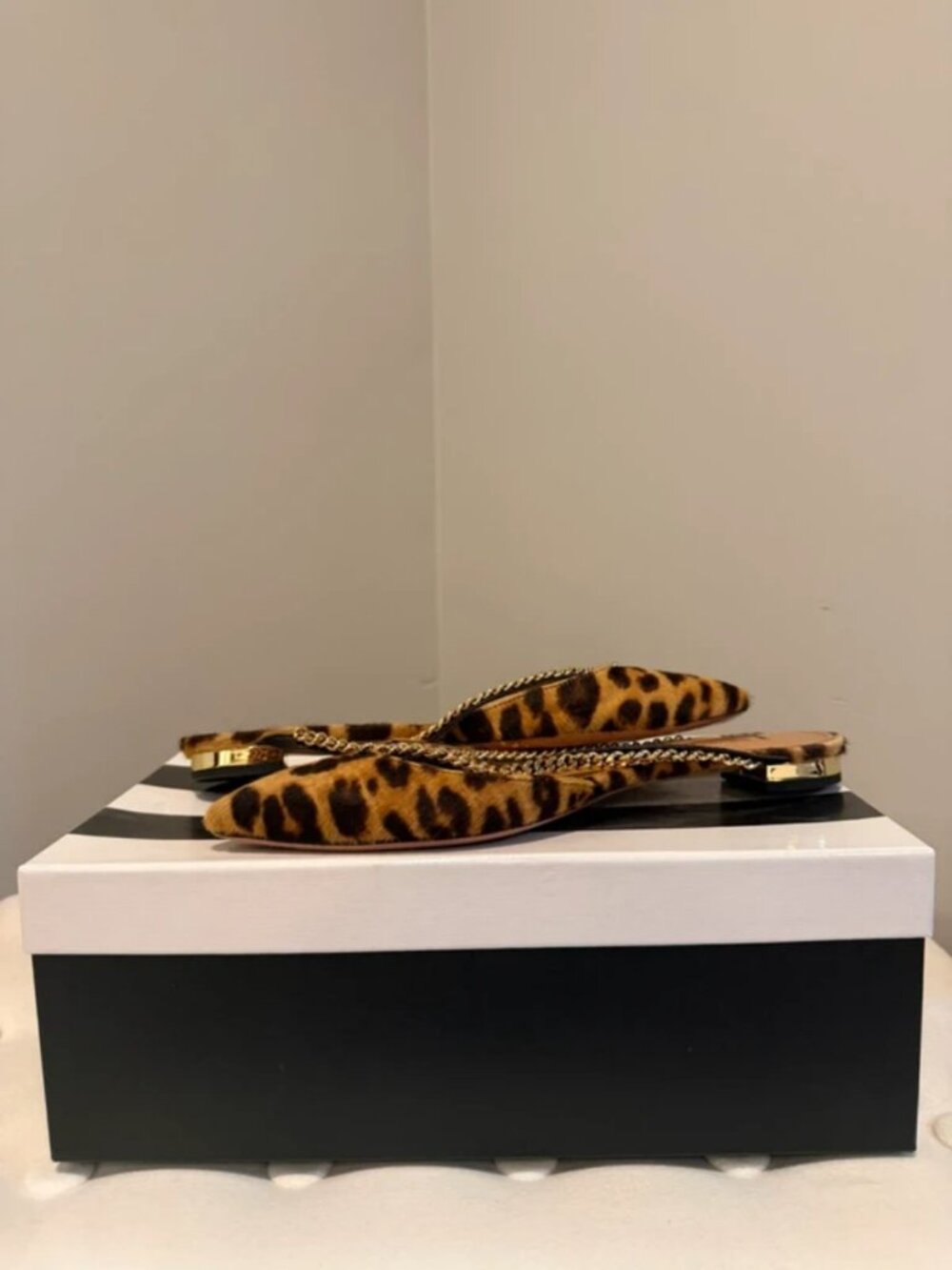 Aquazzura Sabine Chain Leopard Calf Hair Flats EU 37 / US 6